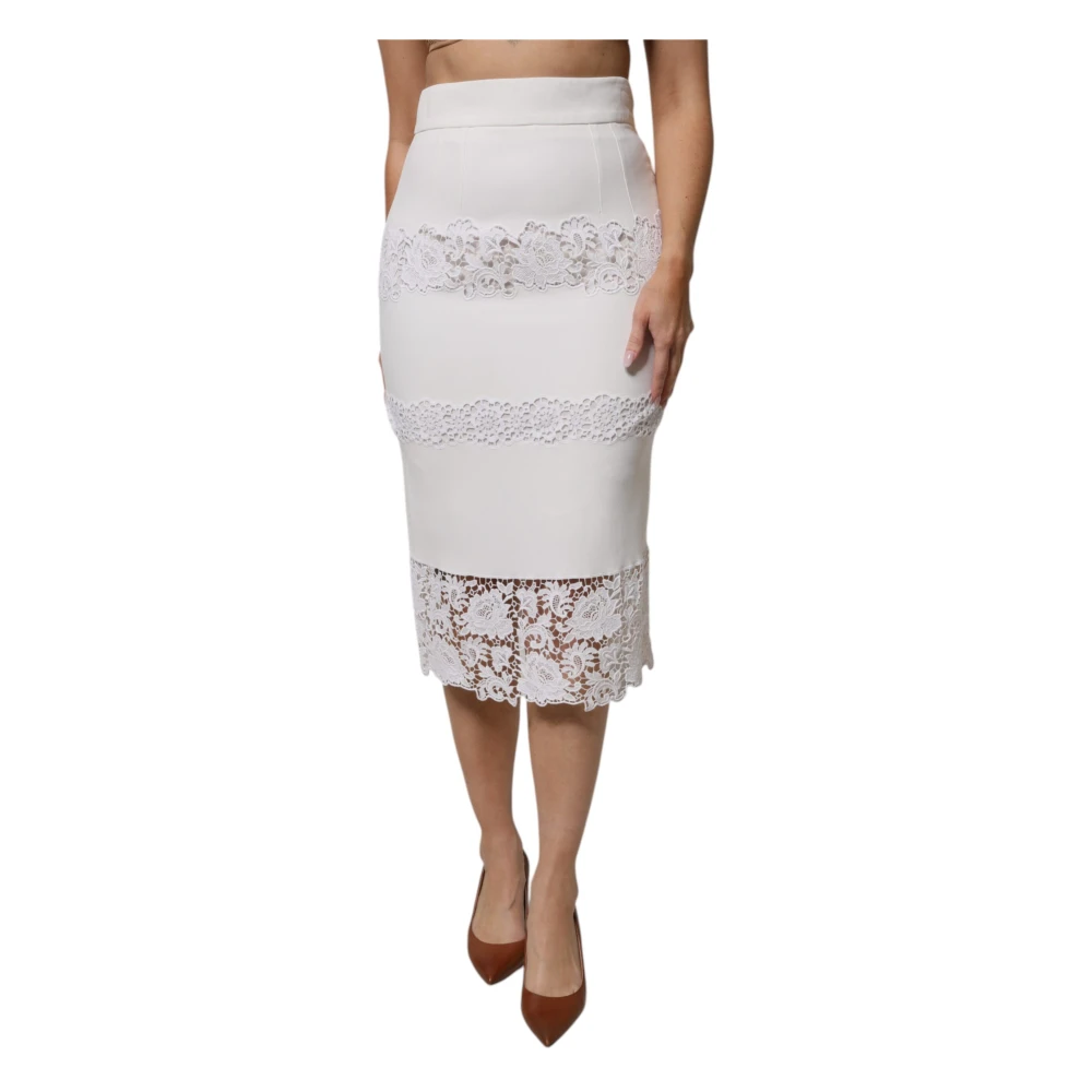 Dolce & Gabbana Women's White Midi Skirts, M, Floral Lace Pencil Skirt