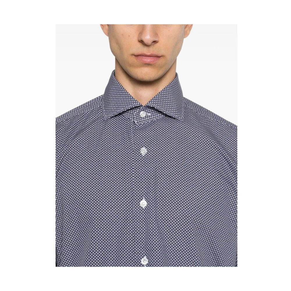Barba Grafische Print Katoenen Overhemd Middernachtblauw Blue Heren
