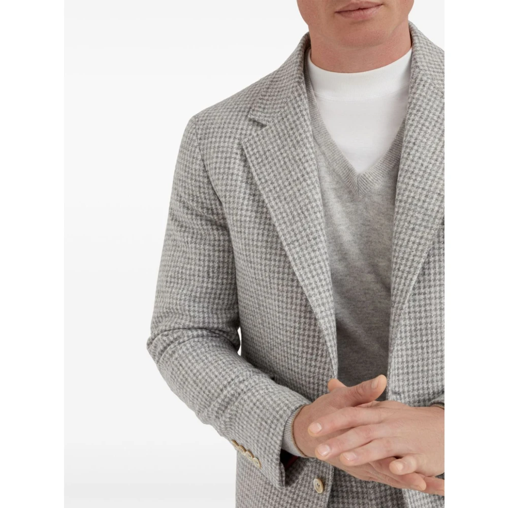 BRUNELLO CUCINELLI Houndstooth Wollen Jas Gray Heren