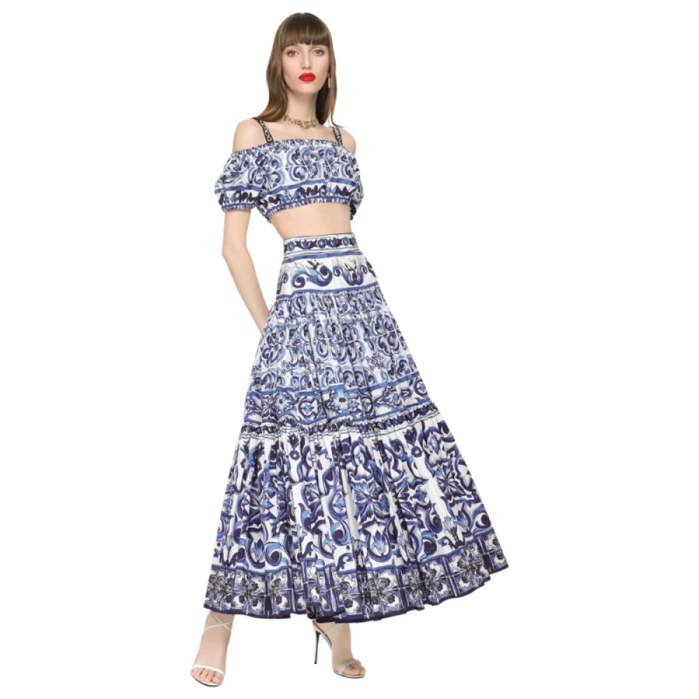 Dolce & Gabbana Gedrukte Majolica Katoenen Poplin Crop Top Blue Dames