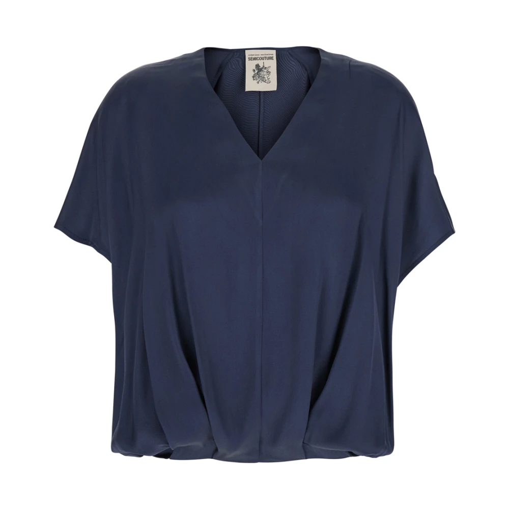 Semicouture Blauwe Zijde Blend V-hals Top met Gedrapeerde Mouwen Blue Dames