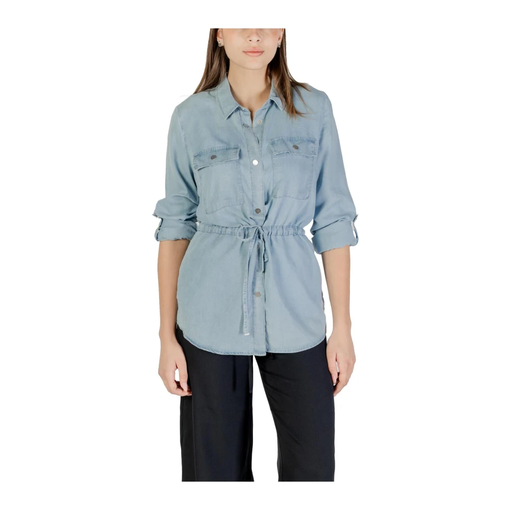 Only Women's Blue Drawstring Waist Blouse With Pockets Large