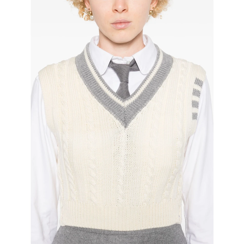 Thom Browne Luxe Kabelsteek V-Hals Trui White Dames
