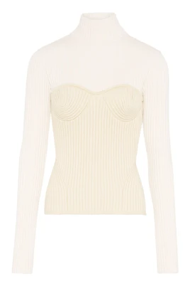 Vit Ribbad Ull Turtleneck Tröja