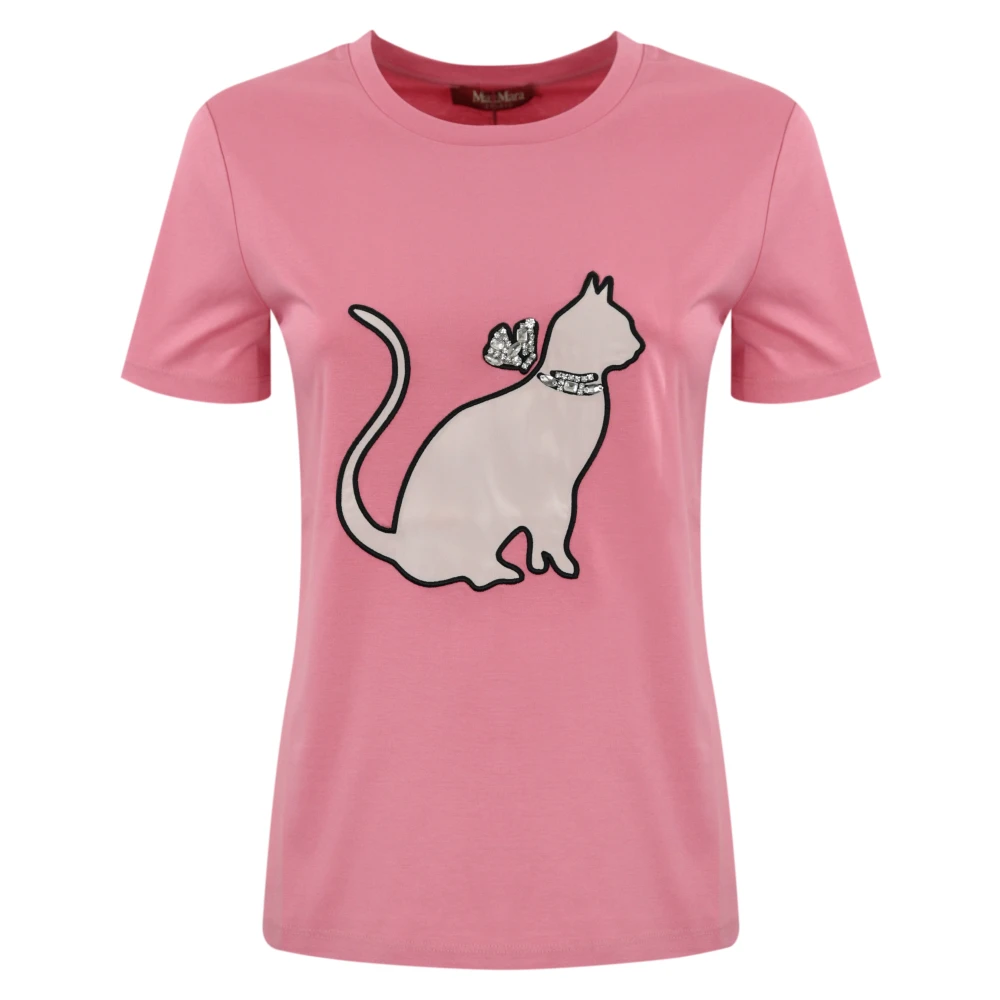 Max Mara Studio Gedrukt katoenen T-shirt met juweelapplicatie Pink Dames
