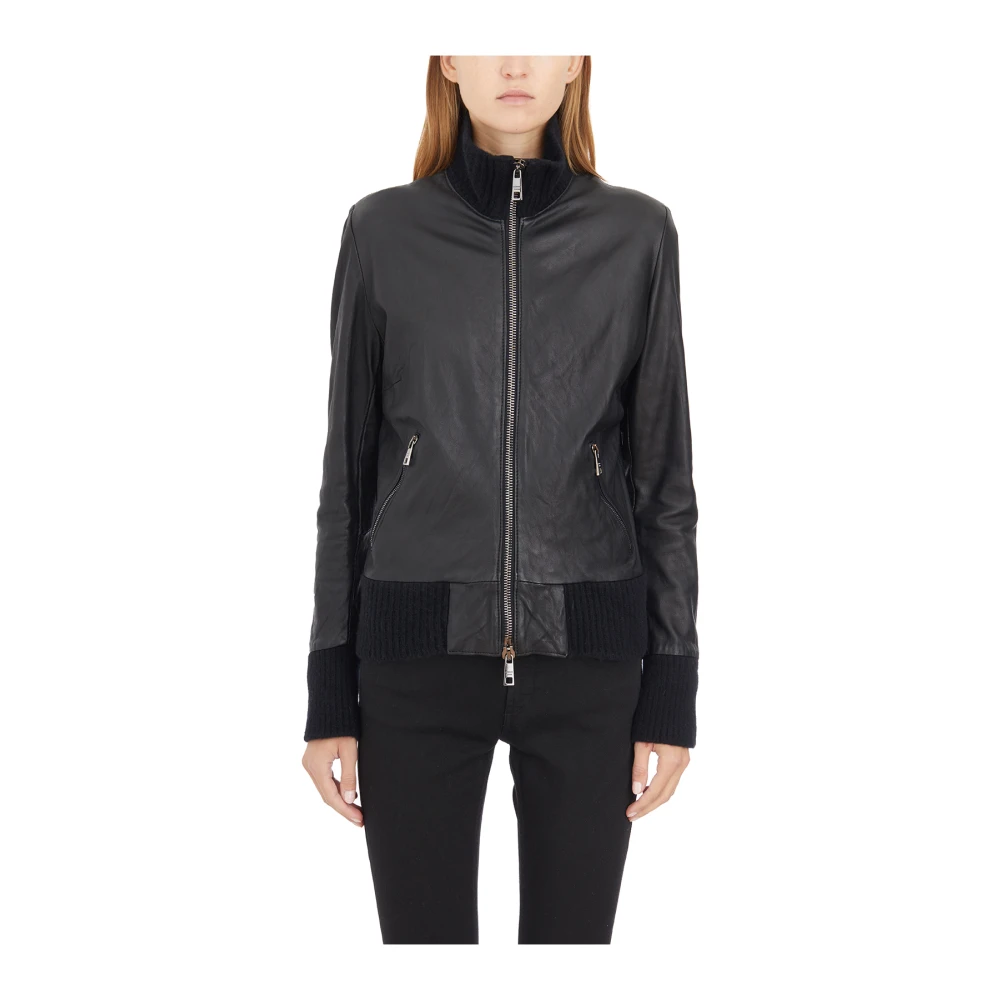 Giorgio Brato Hoge hals leren bomberjack Black Dames