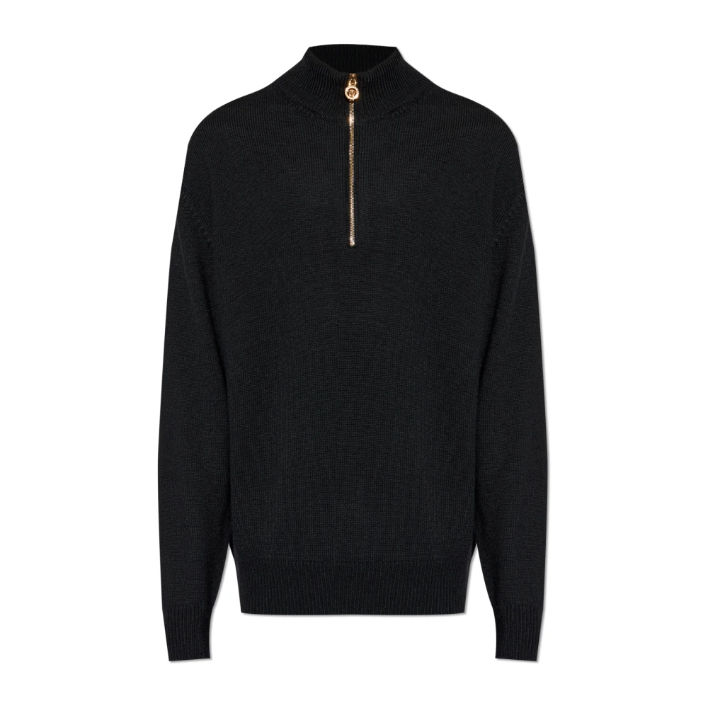 Versace Mannelijk Zwart Truien & Vesten Heren, Xl, Wol, Wollen Trui Met Halve Rits