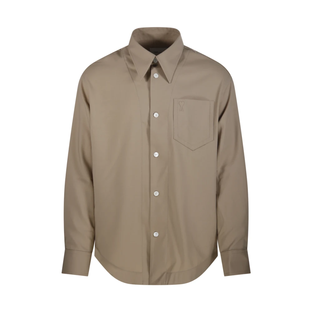 Ami Paris Men's Brown Casual Shirts, M, Long-Sleeve Wide Shirt With Sharp Collar And Embossed Adc