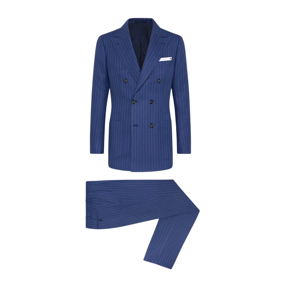 Kiton Pinstripe Double-Breasted Kasjmier Linnen Pak Blue Heren