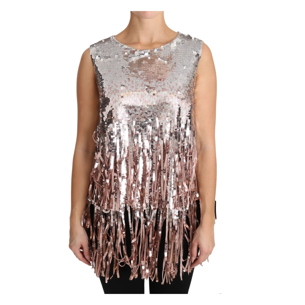 Dolce & Gabbana Women's Pink Sleeveless Tops,, Gold Sequin Fringe Tank Top 3XS