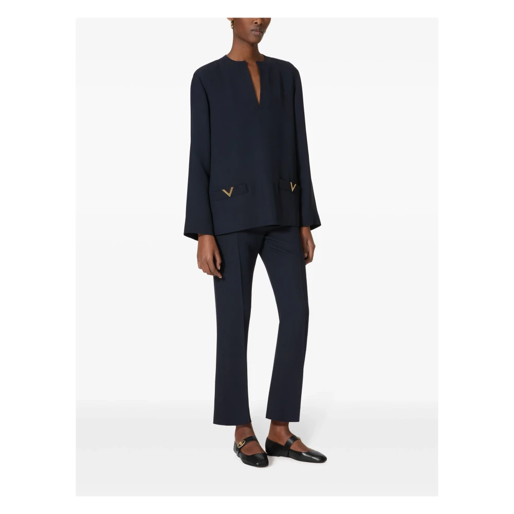 Valentino Garavani Blauwe Zijden Shirt V Gouden Detail Blue Dames