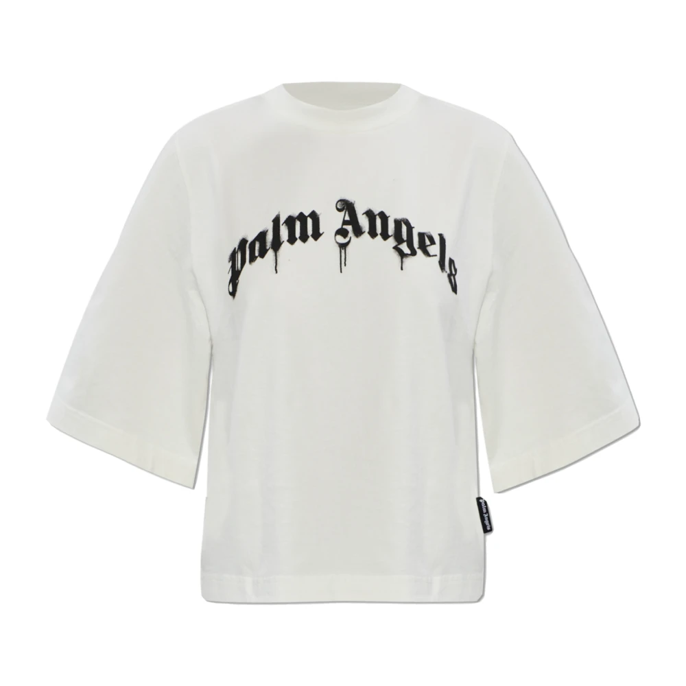 Palm Angels Vrouw Wit Tops Dames, L, Katoen, T-Shirt Met Gedrukt Logo