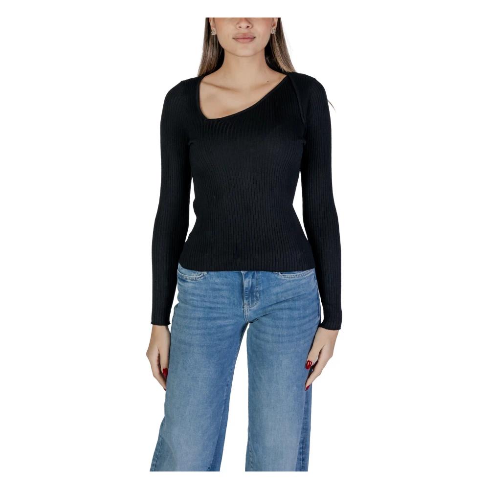 Vila Geribbelde Gebreide Asymmetrische Hals Top Black Dames