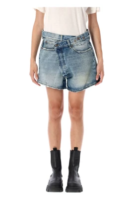 Blå Crossover Denim Shorts Distressed Finish