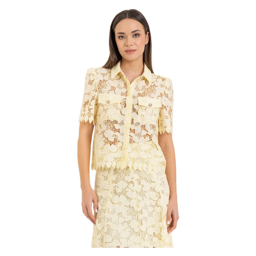 Kocca Women's Yellow Shirts, M, Camicia In Pizzo Macramè Con Motivo A Foglie E Fiori