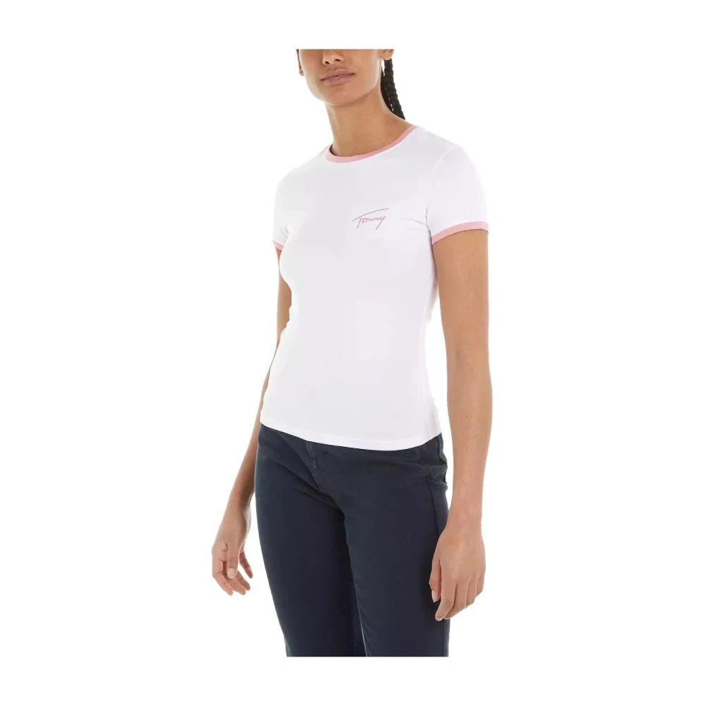 Tommy Hilfiger Handtekening Slim Tee met Roze Borduurwerk White Dames