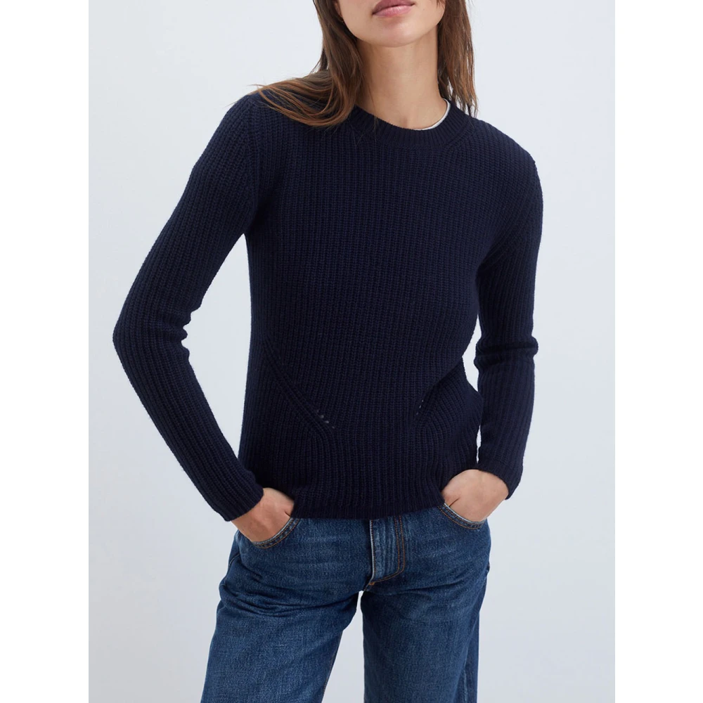Roy Roger's Geribbelde wol kasjmier ronde hals trui Blue Dames