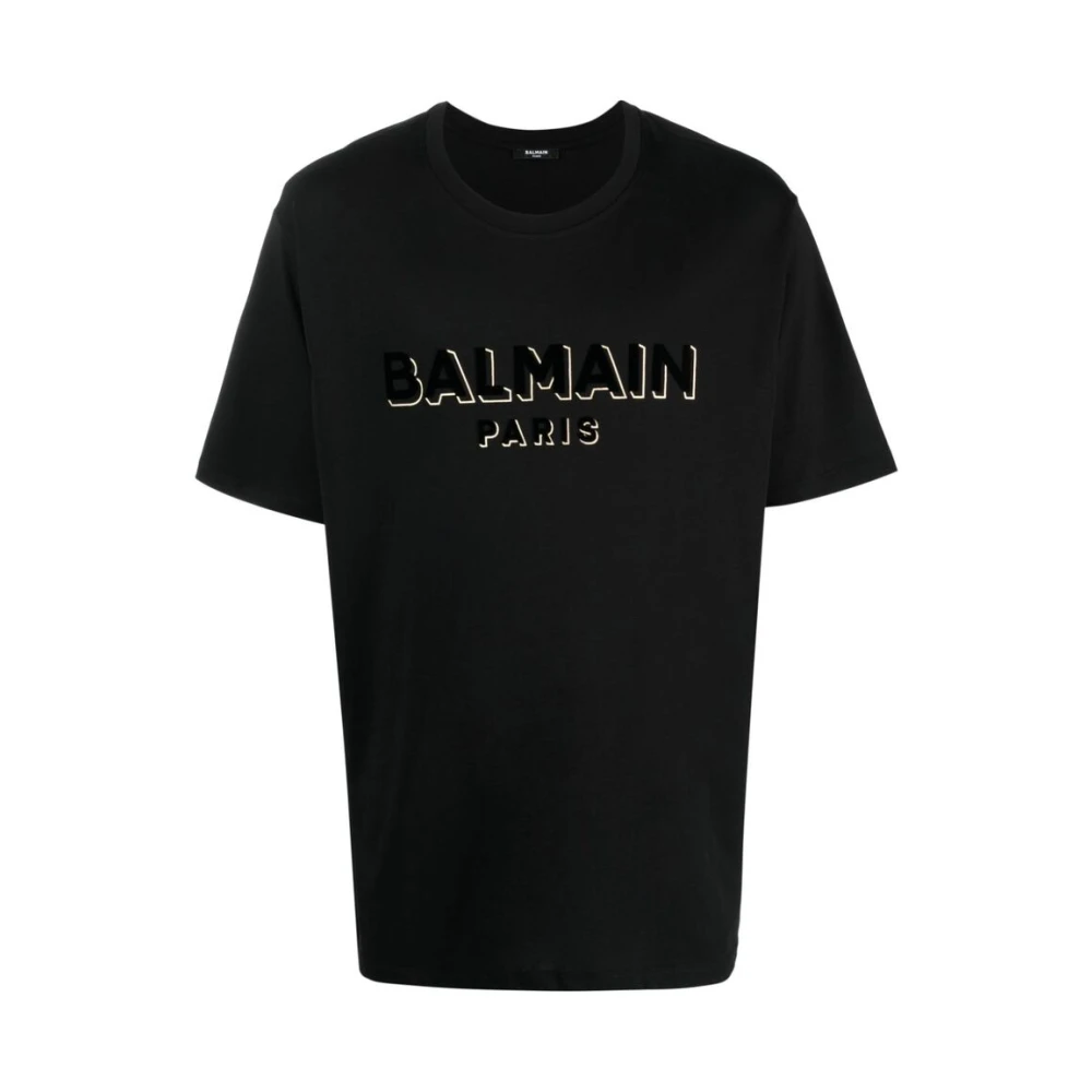 Balmain Zwarte Katoenen T-shirt met Metallic Trim Black Heren