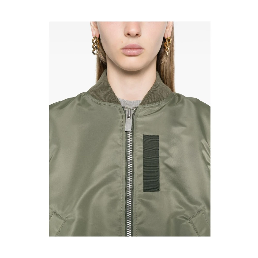 Sacai Khaki Geribbelde Kraag Jas Green Dames