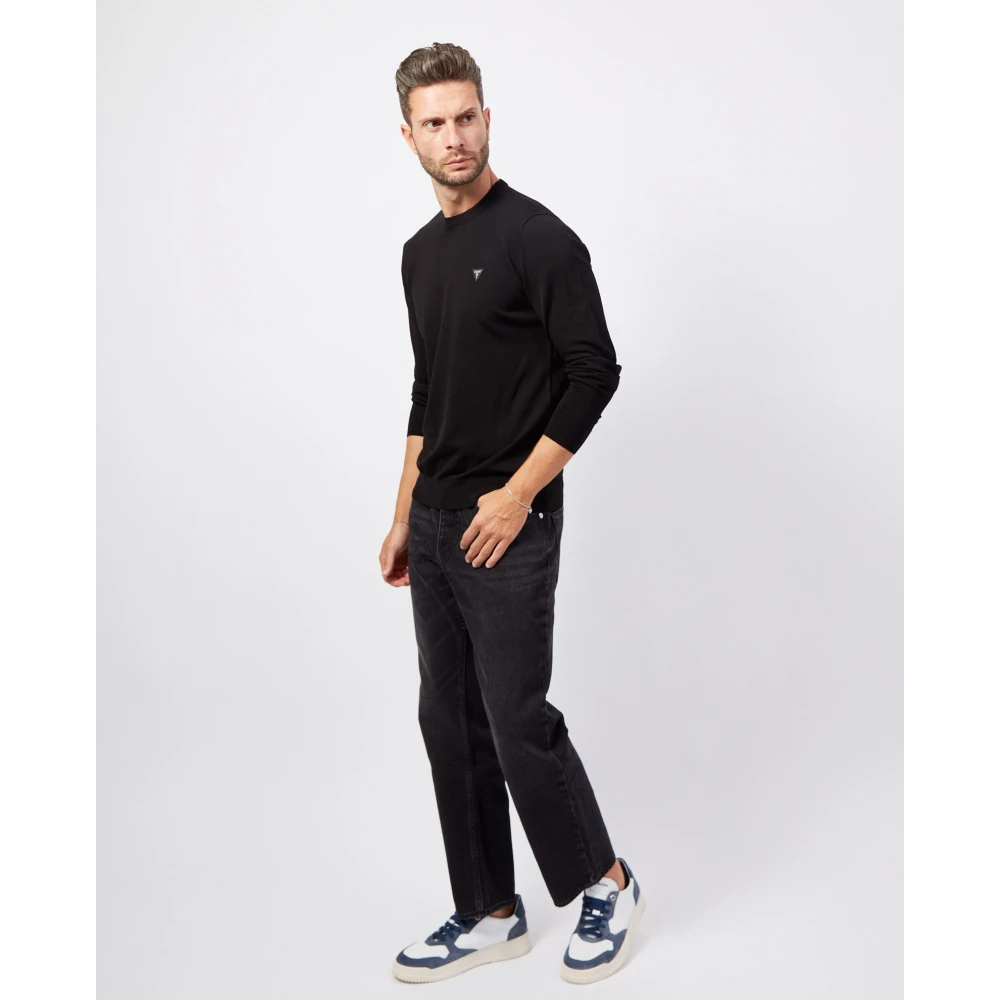 Guess Zwarte Crewneck Sweater Logo Ribbed Zoom Black Heren