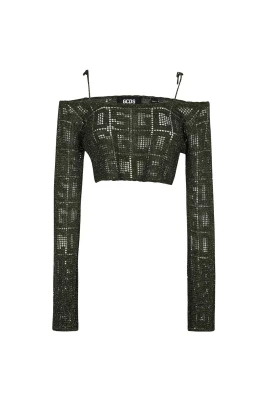 Öppenstickad Crop Top med Metallfibrer