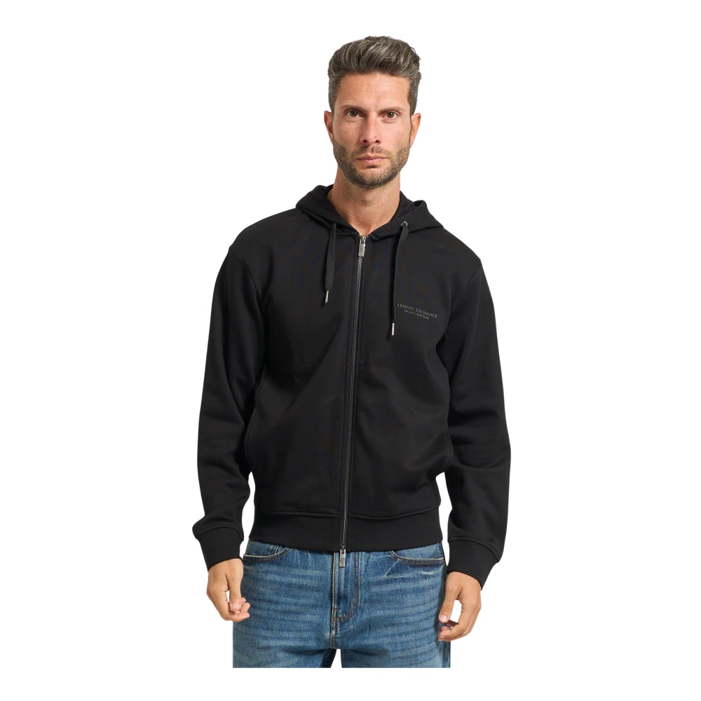 Armani Exchange Men's Black Zip-Throughs, L, Fullzip Hooded Sweatshirt With Pockets
