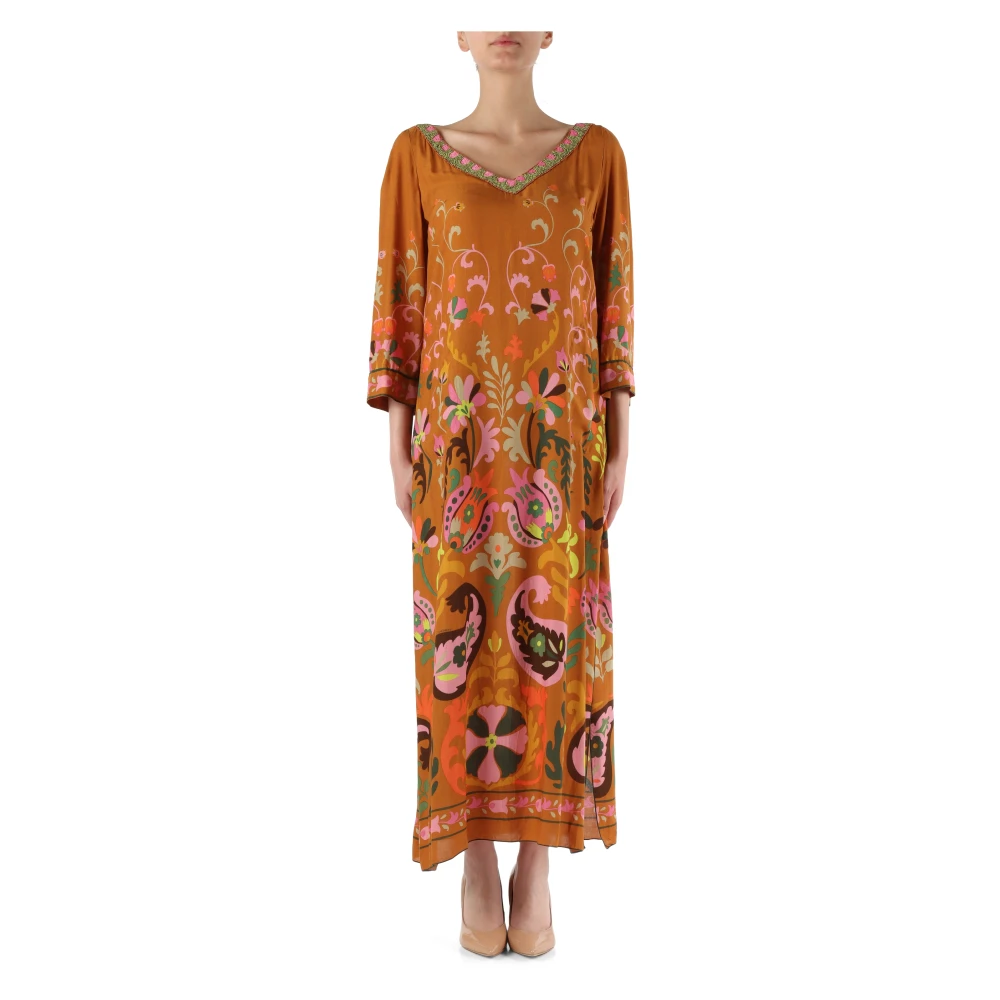 Maliparmi V-ringad kaftan klänning med dekorativt tryck Multicolor, Dam