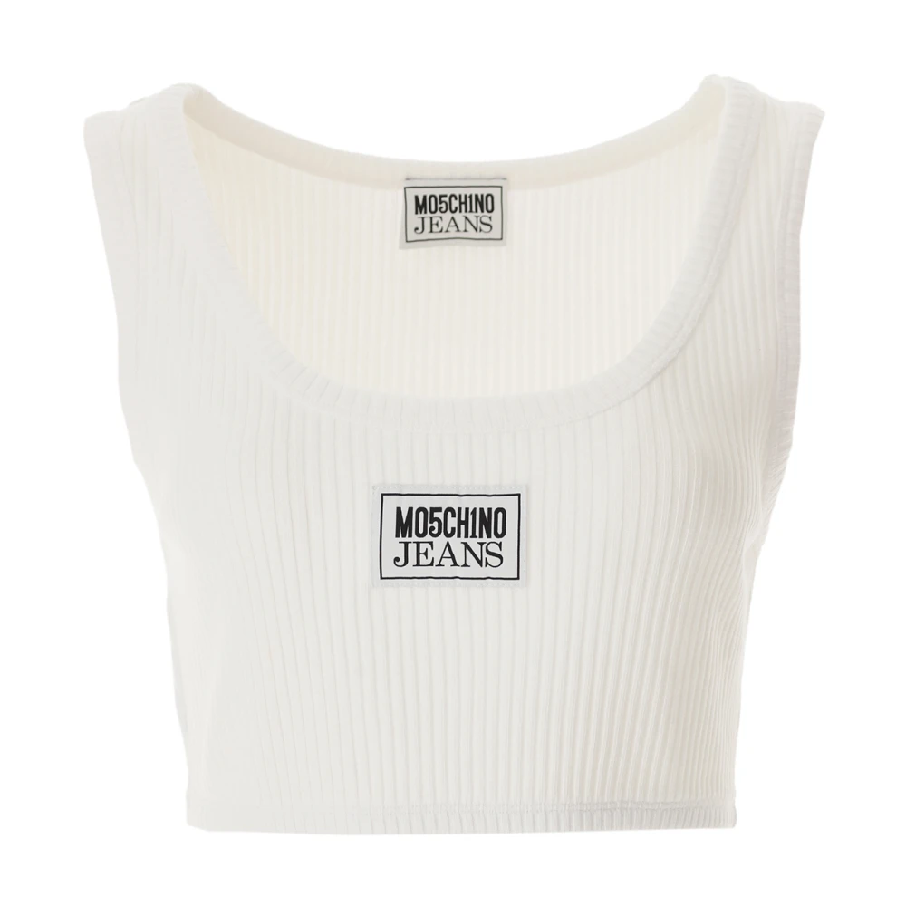 Moschino Ribbad Crop Top med Logopatch White, Dam