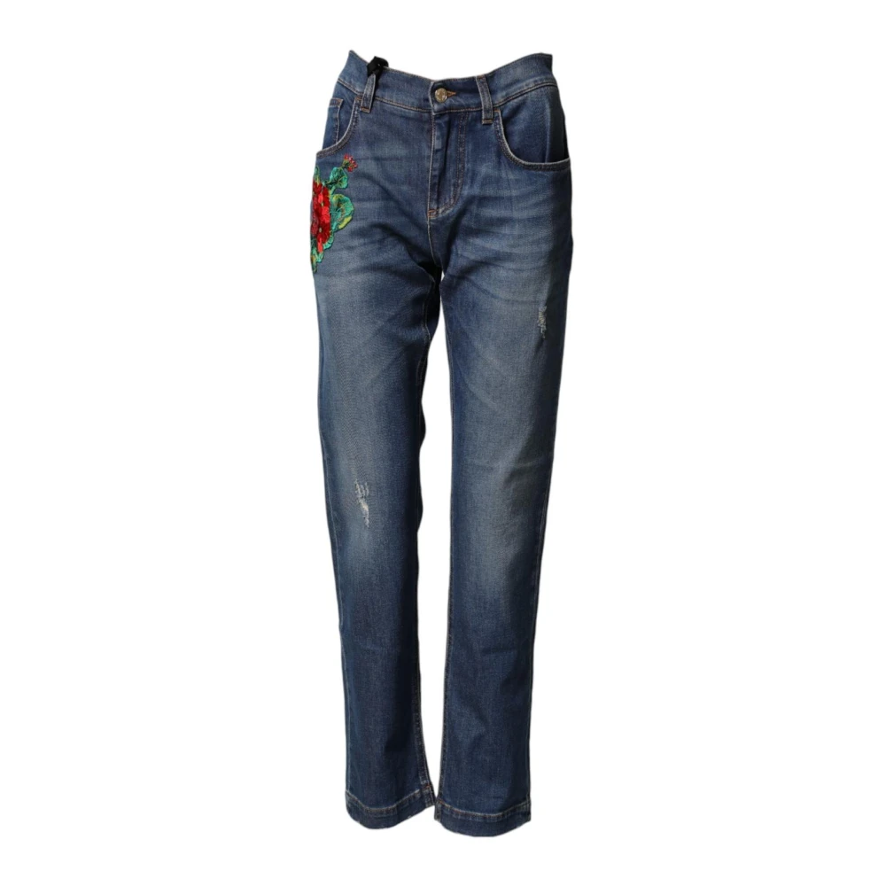 Dolce & Gabbana Women's Blue Floral Embroidered Boyfriend Denim Jeans - Straight Fit Jeans - S - Jeans