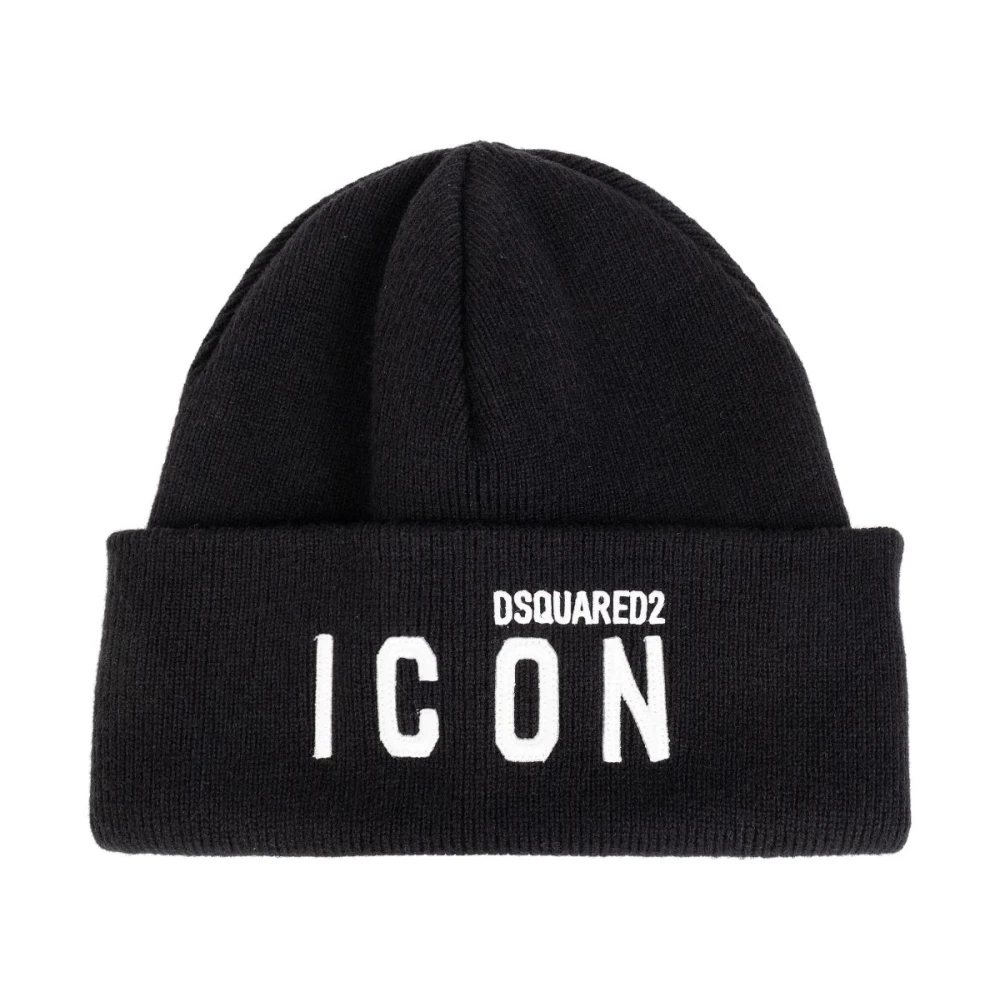 Dsquared2 Zwarte Wollen Gebreide Beanie Hoed Black Heren