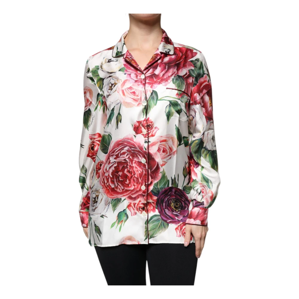 Dolce & Gabbana Vit Blommig Silkeblus Topp Multicolor, Dam