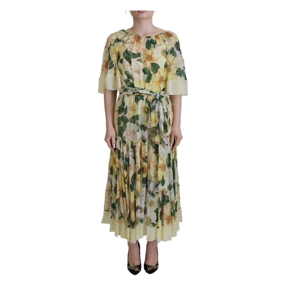 Dolce & Gabbana Women's Yellow Floral Silk Pleated Maxi Dress