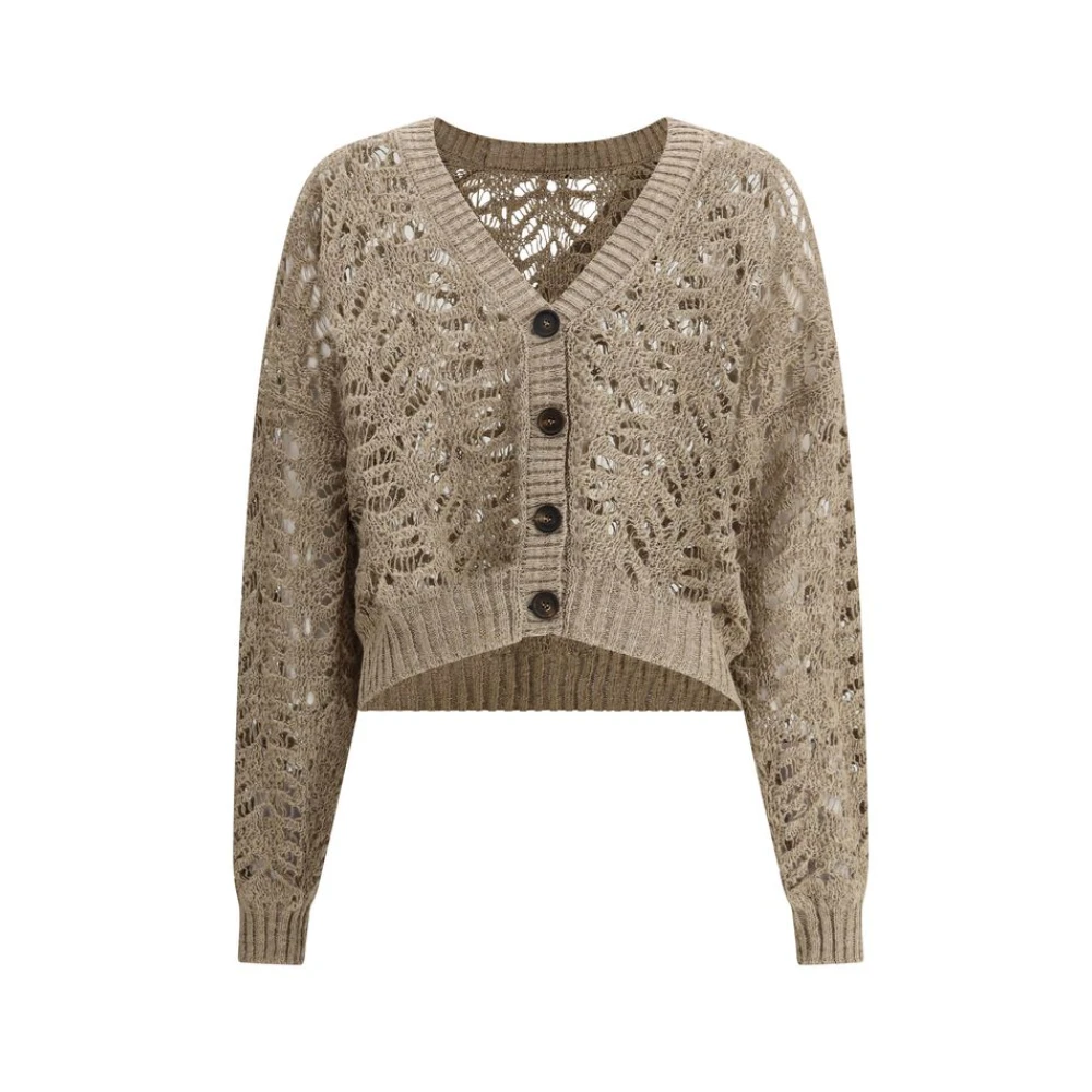BRUNELLO CUCINELLI Pailletapplicatie V-Hals Linnen Vest Beige Dames