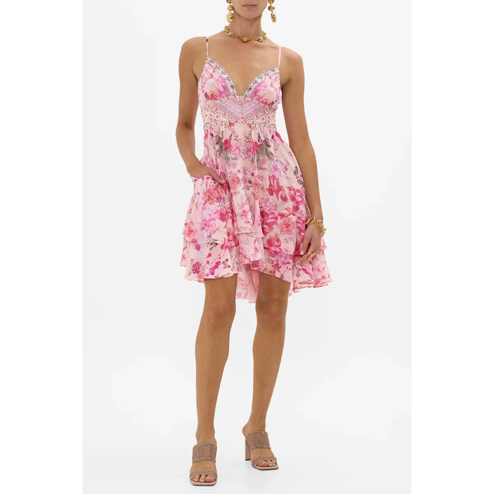 Camilla Botanische Novelle Zijden Frill Jurk Pink Dames