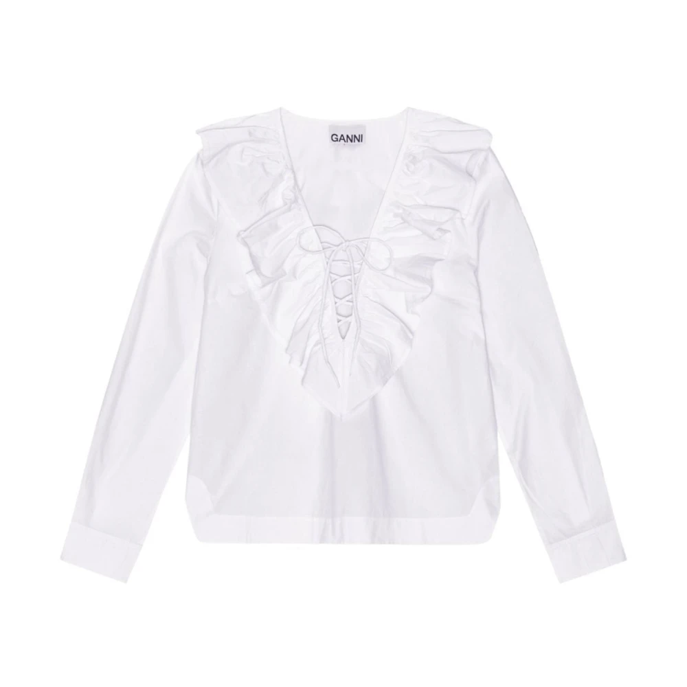 Ganni Witte Biologisch Katoenen Ruffle Kraag Shirt White Dames