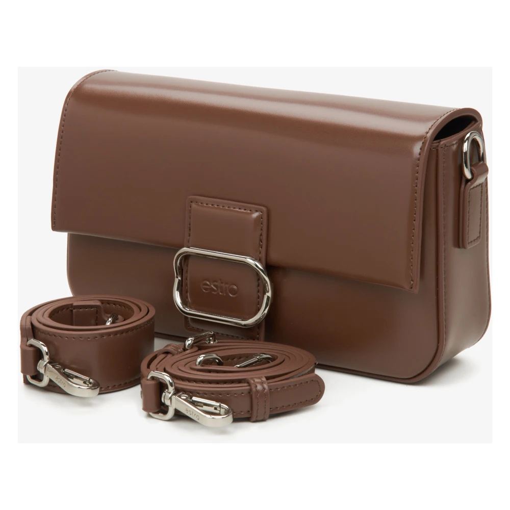 Estro Dames Donkerbruine Leren Schoudertas met Zilveren Hardware Er00115775 Brown Dames