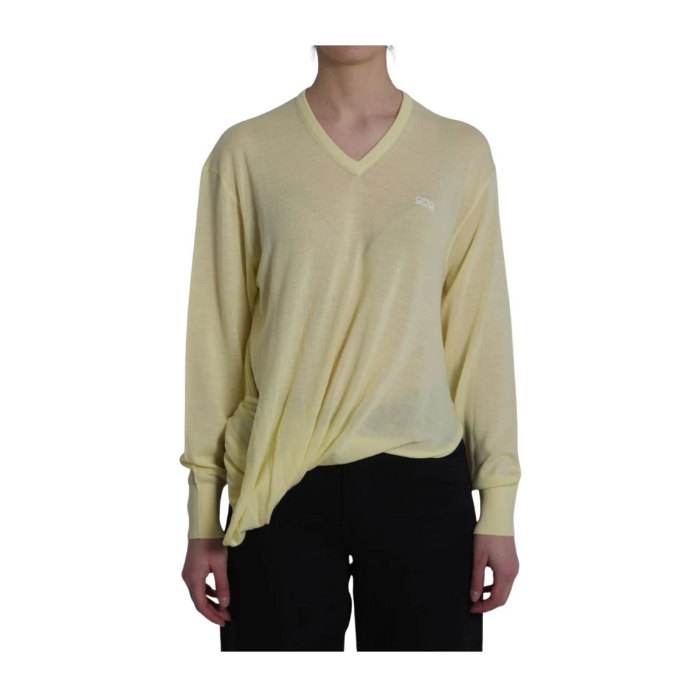 Loewe Women's Yellow V-Neck Knitwear, S, Wool V-Neck Jumper