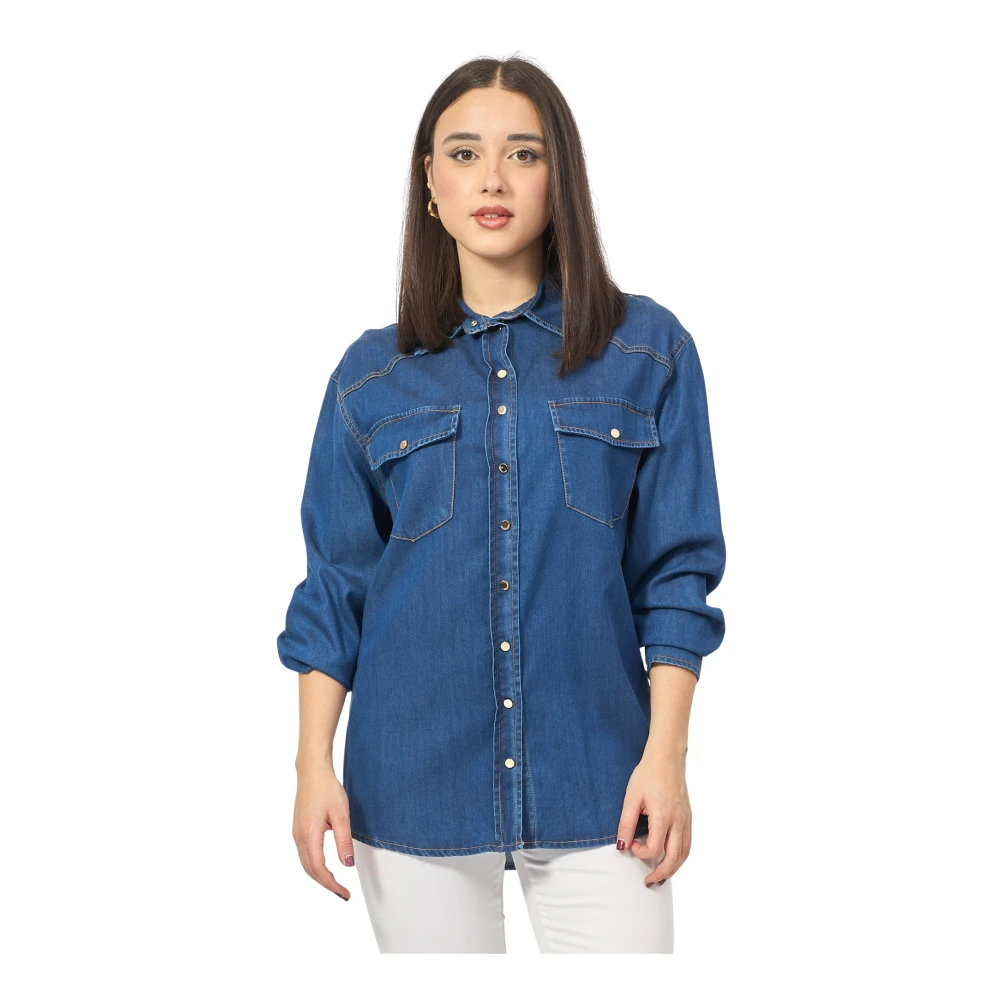 Fracomina Blauwe Denim Regular Shirt met 3 4 Mouwen Blue Dames