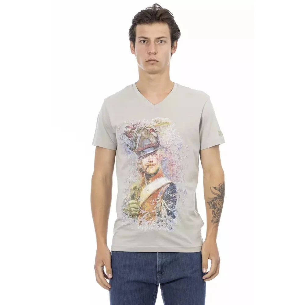Trussardi Men's Gray Elegant V-Neck Tee With Exclusive Frontprint