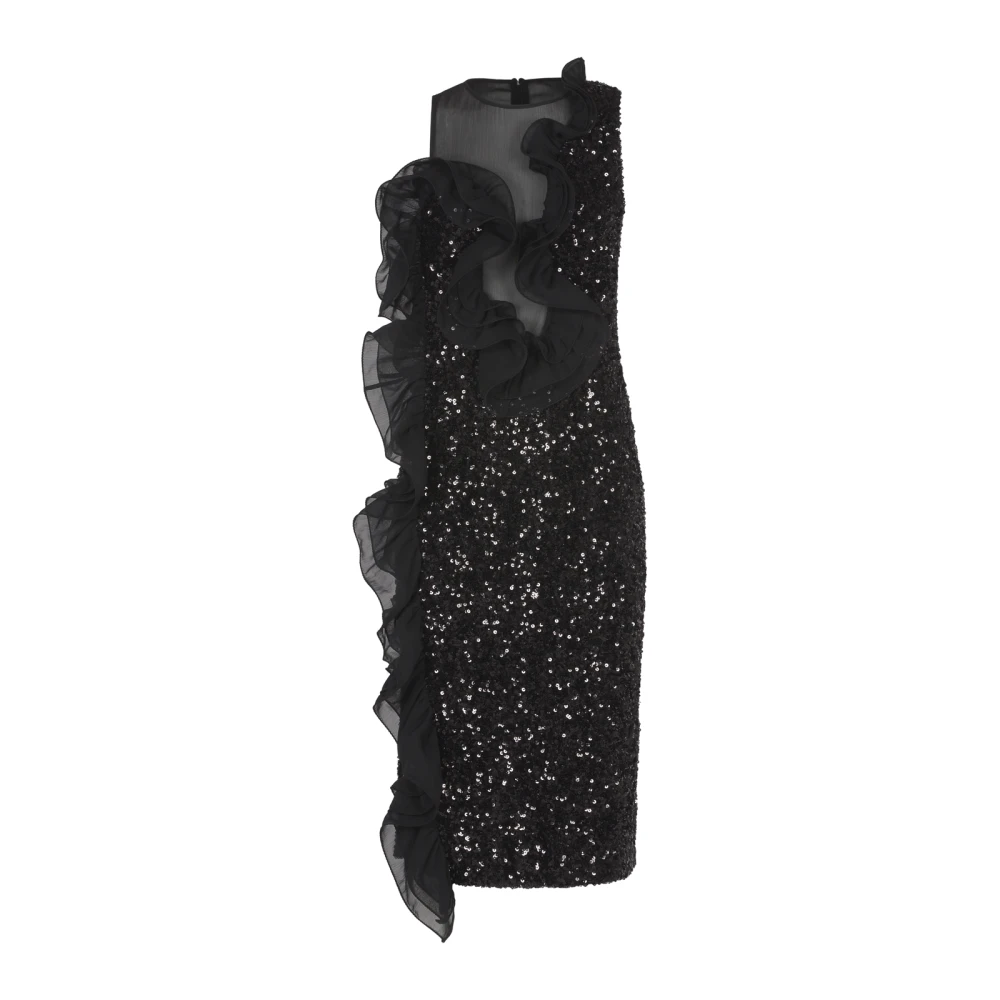 Rotate Birger Christensen Zwarte Pailletten Maxi Ruffle Jurk Black Dames