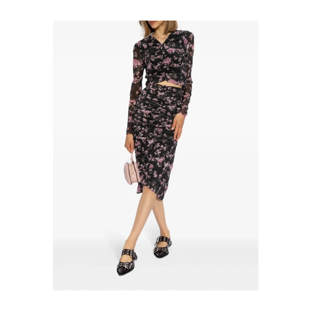Ganni Bloemen Ruffle Midi Rok Black Dames
