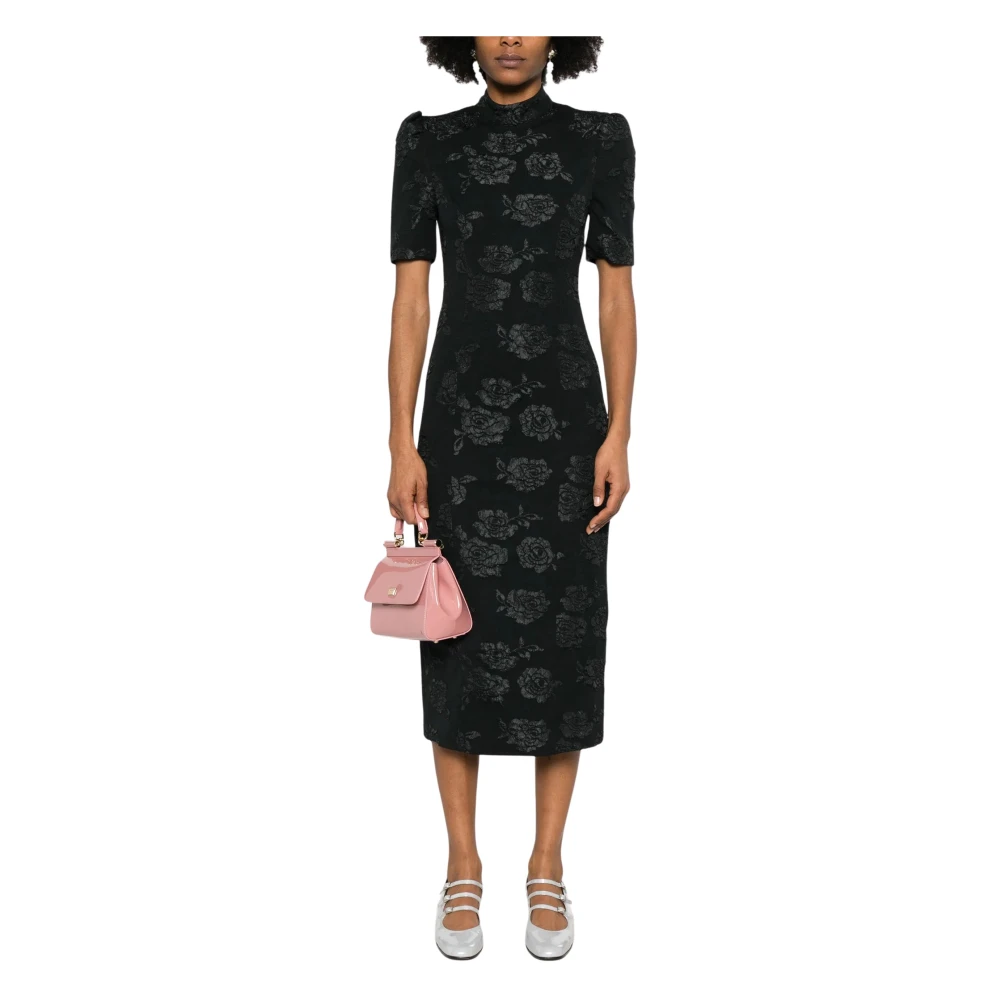 Rotate Birger Christensen Bloemen Jacquard Midi Jurk Zwart Black Dames