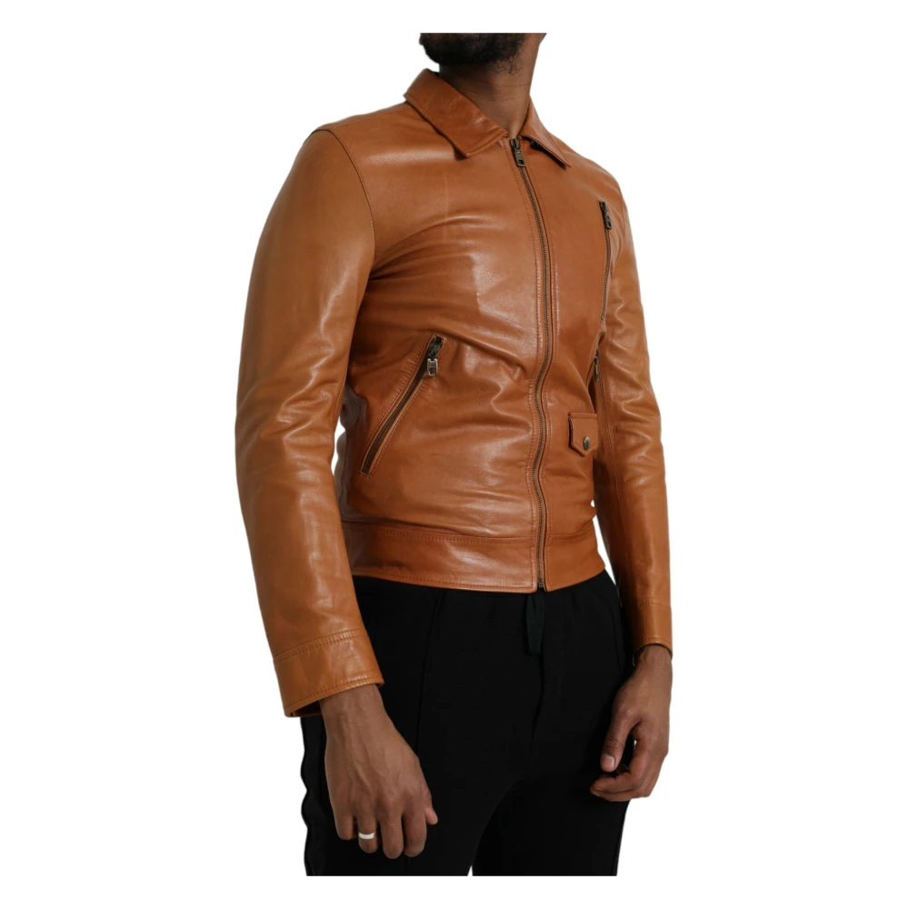Dolce & Gabbana Bruin Leren Blouson Jack met Rits Brown Heren