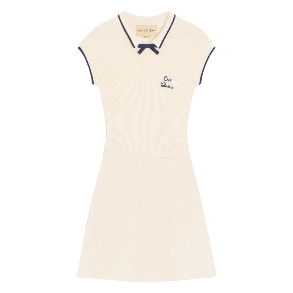 Valentino Garavani Women's White Knitted Dresses, S, Bow-Collar Ribbed Knit Dress