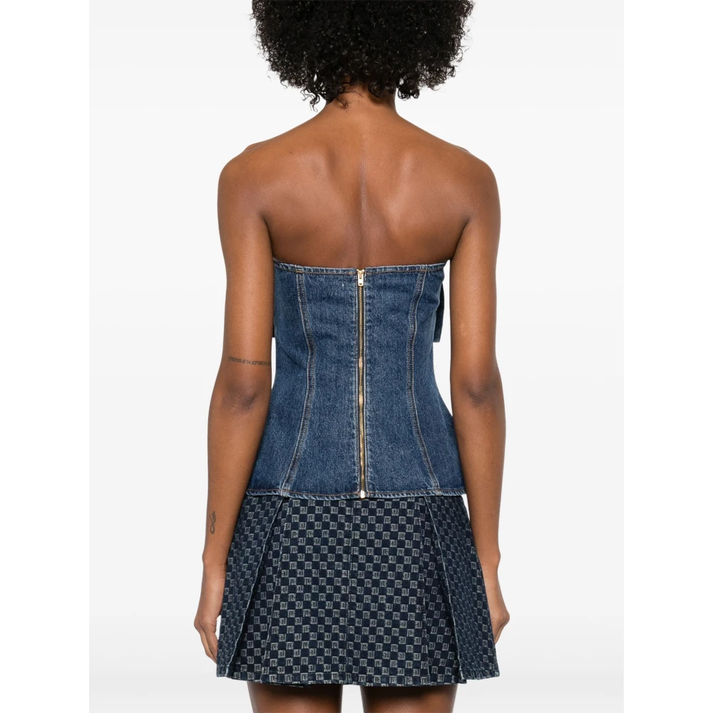 Self Portrait Blauwe Denim Bandeau Top met Diamanten Broche Blue Dames