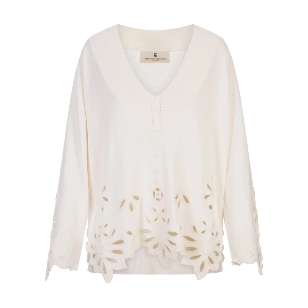Ermanno Scervino Witte V-hals Sweater met Borduurwerk White Dames