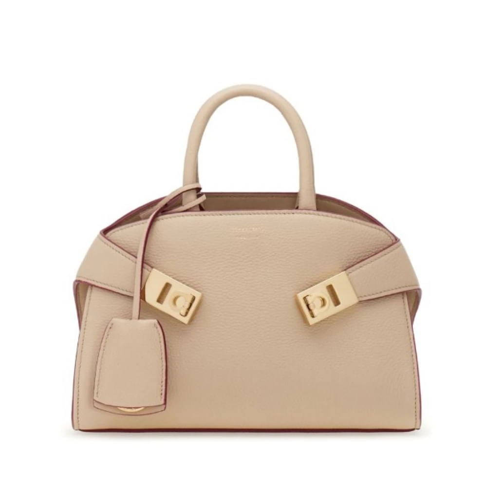 Salvatore Ferragamo Beige Leren Schoudertas met Gancini Gespen Beige Dames