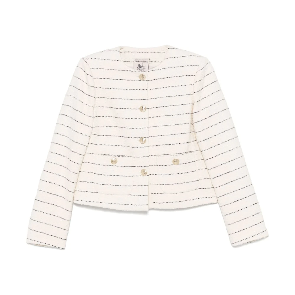 Semicouture Ecru Knooploos Kraagloos Jack met Zakken Beige Dames