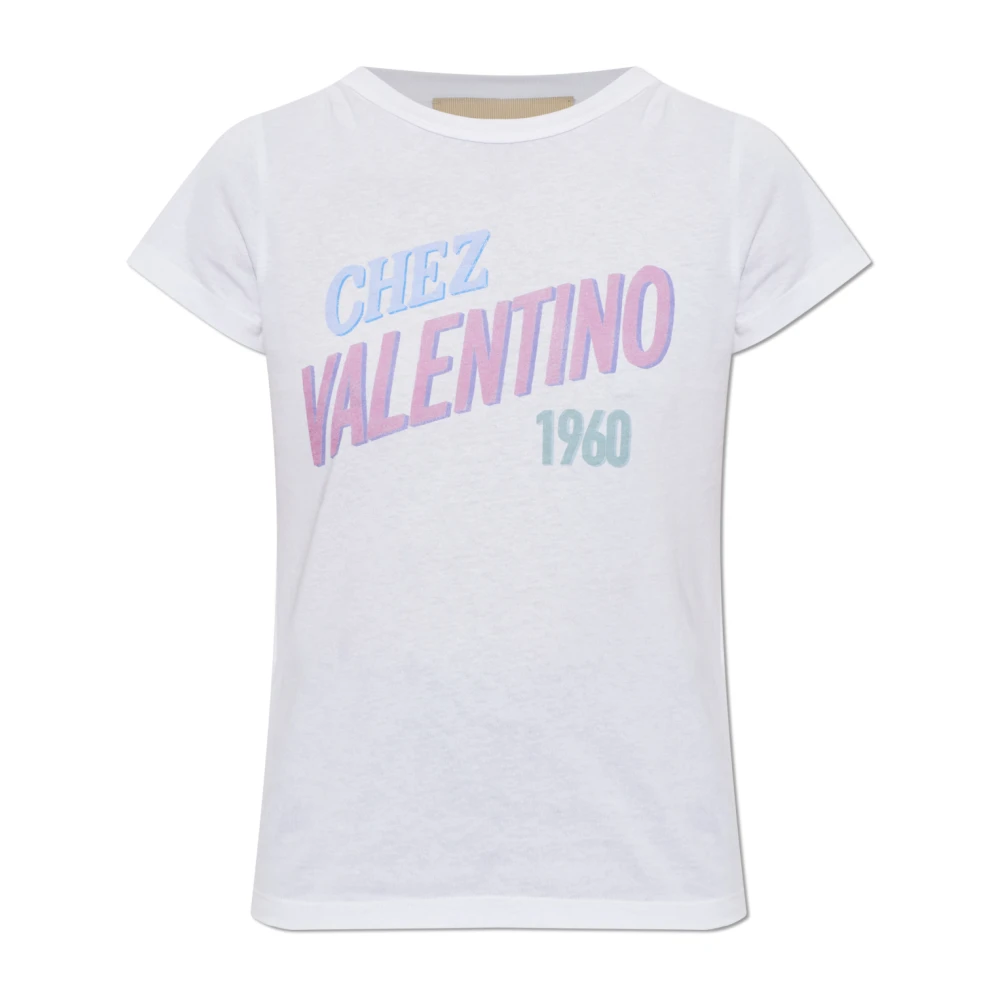 Valentino Garavani Vrouw Wit Tops Dames, M, Katoen, Katoenen Jersey T-Shirt Met Chez Valentino 1960 Print