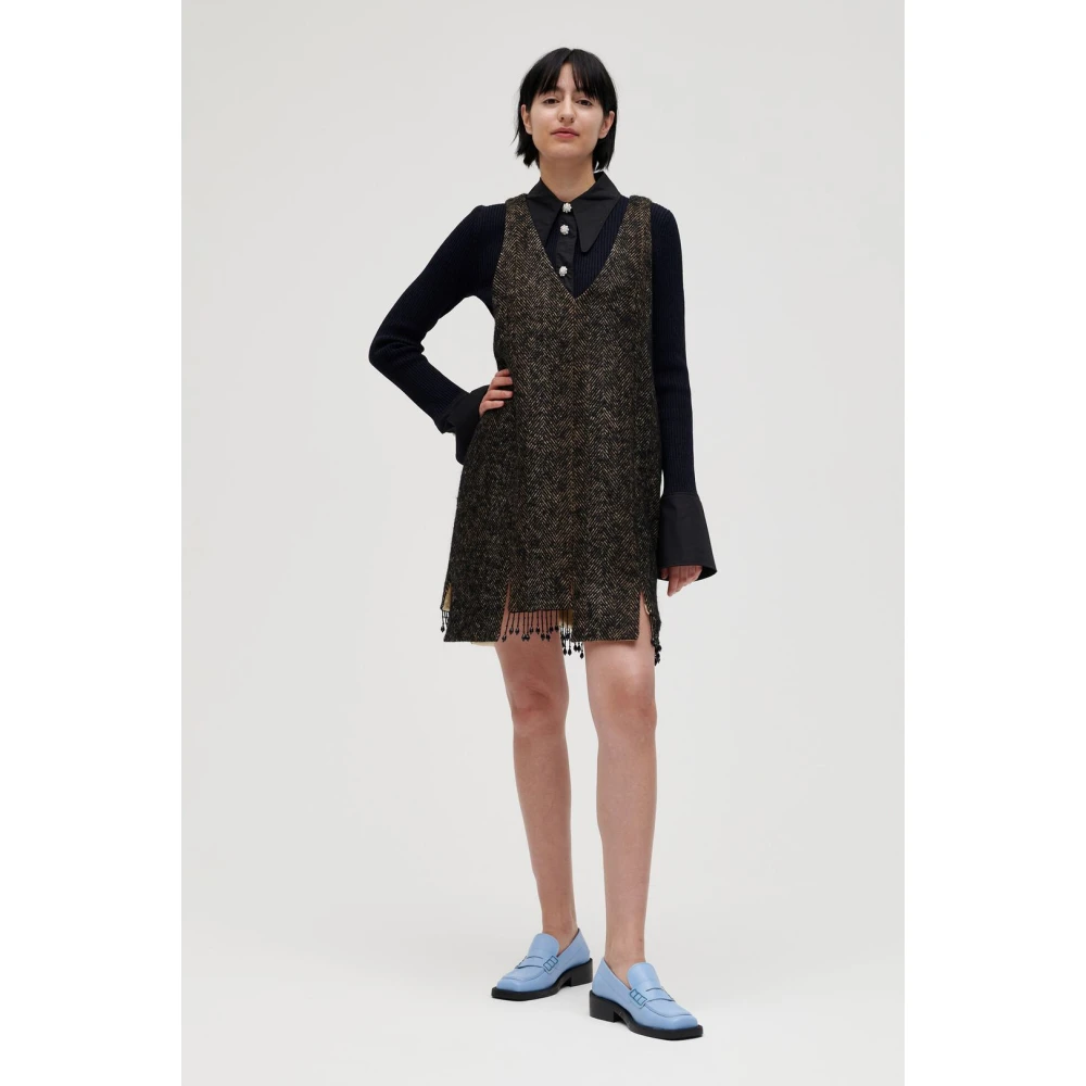 Ganni Gestructureerde V-hals Mini Jurk Gray Dames